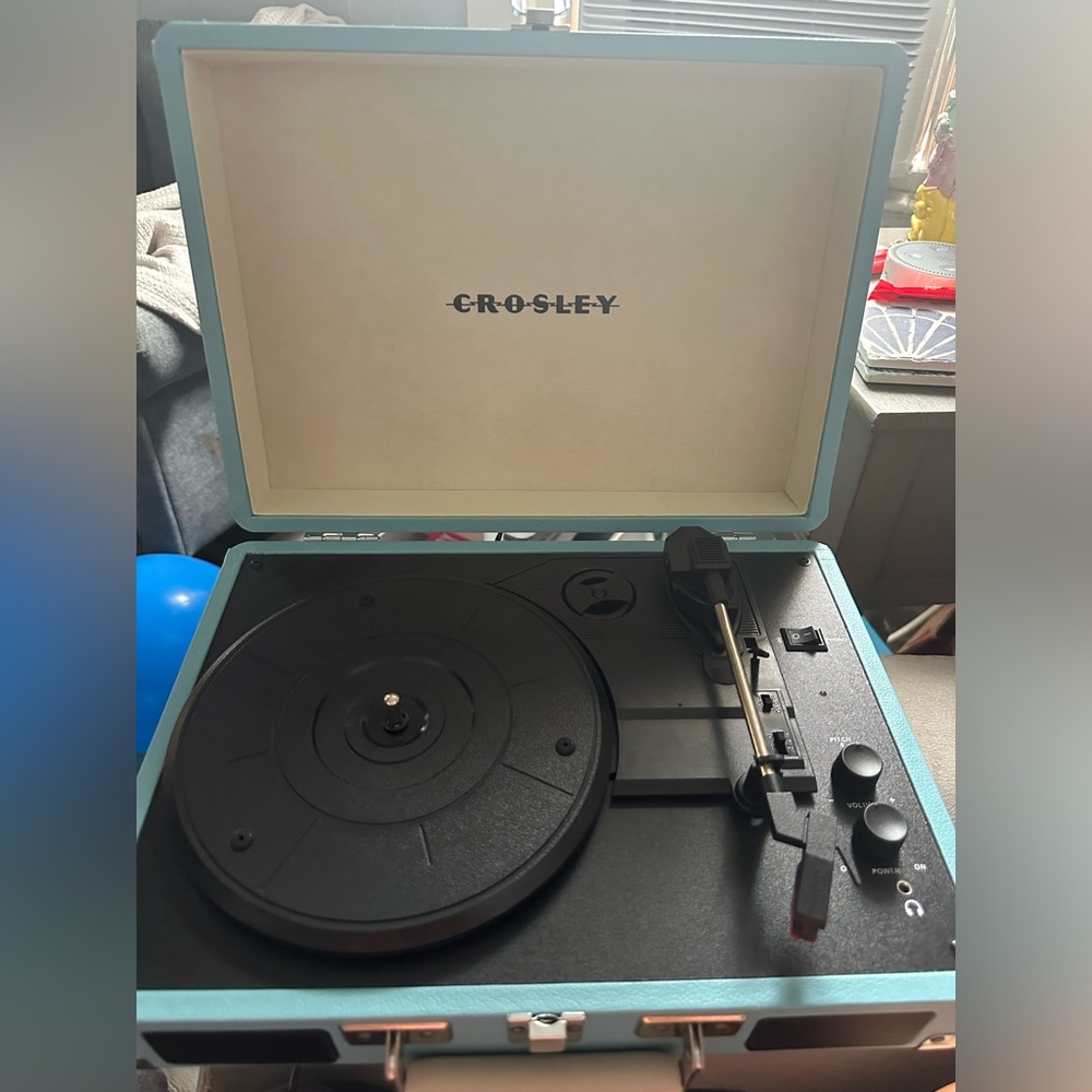 Blue Crosley record player.